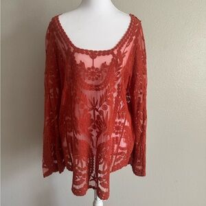 Altar’d State Rust Orange Lace Embroidered Mesh Boho Top - Bell Sleeves